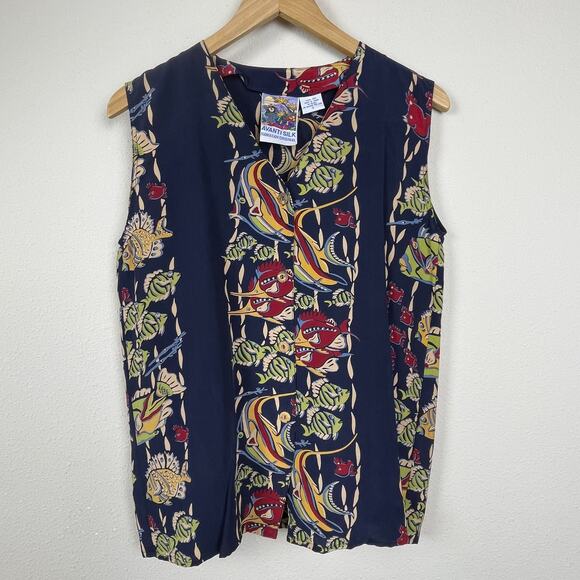 Avanti Original Hawaiian Shirt Women’s Size S 100% Silk Fish Print Sleeveless‎ - Picture 1 of 4